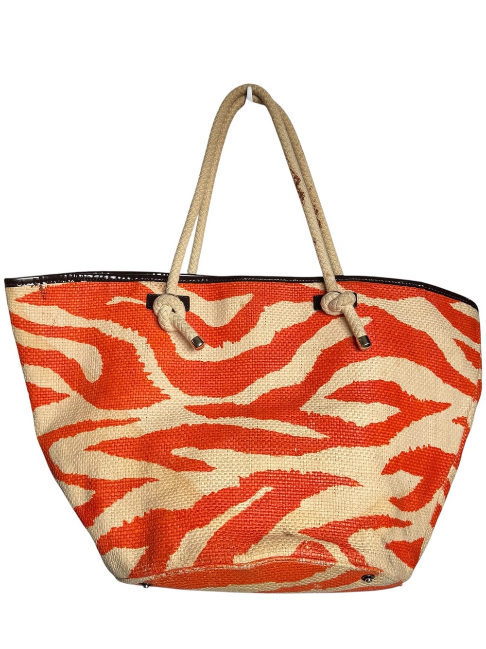 Kate Spade Wicker and Rope Tote Bag Orange Beige Zebra Print Beach Vacation - Picture 9 of 16